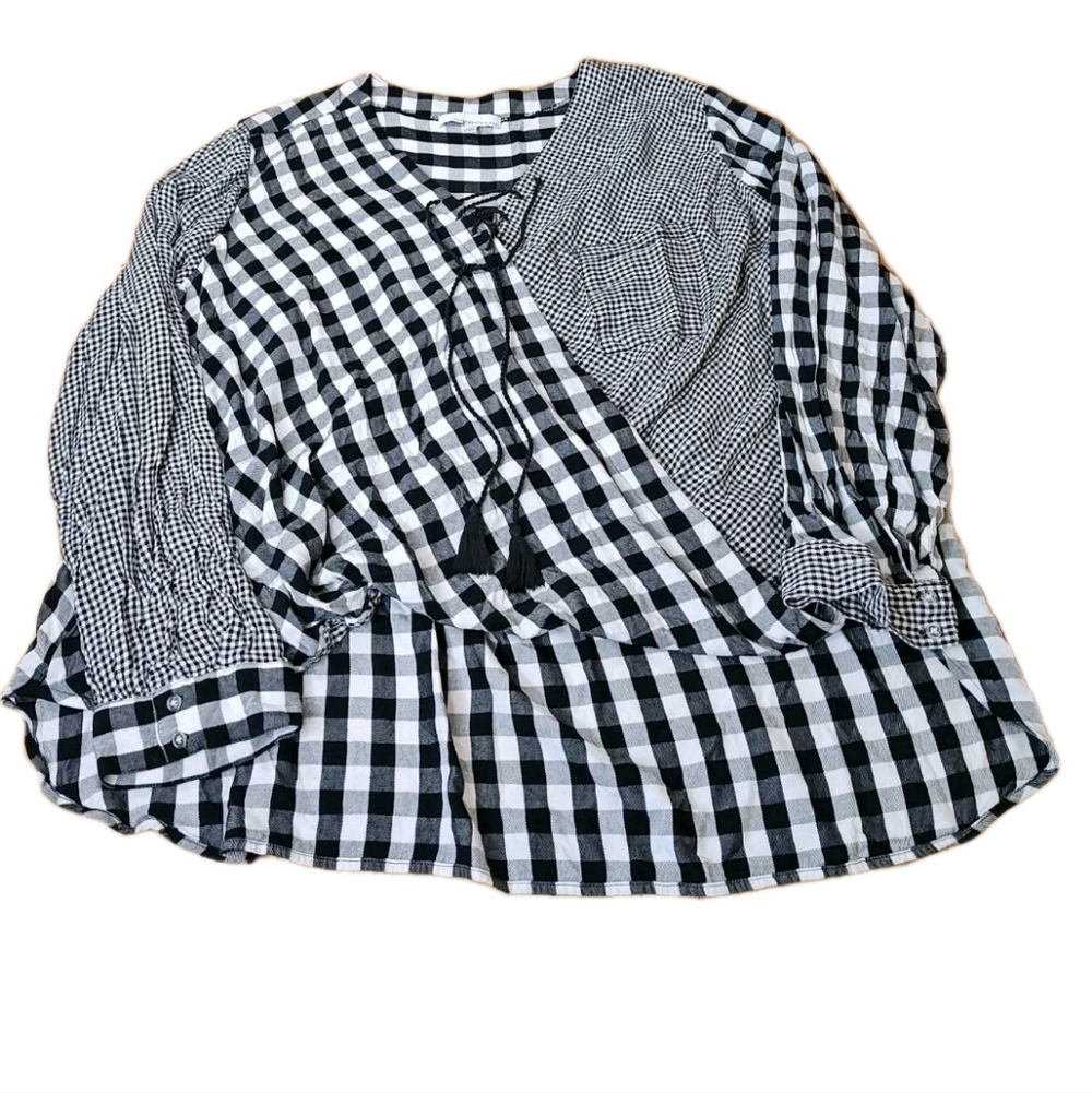Fourteen Place Tasseled Tie Wrap Shirt Woman XL Black Patchwork Plaid Preppy New - Picture 4 of 13